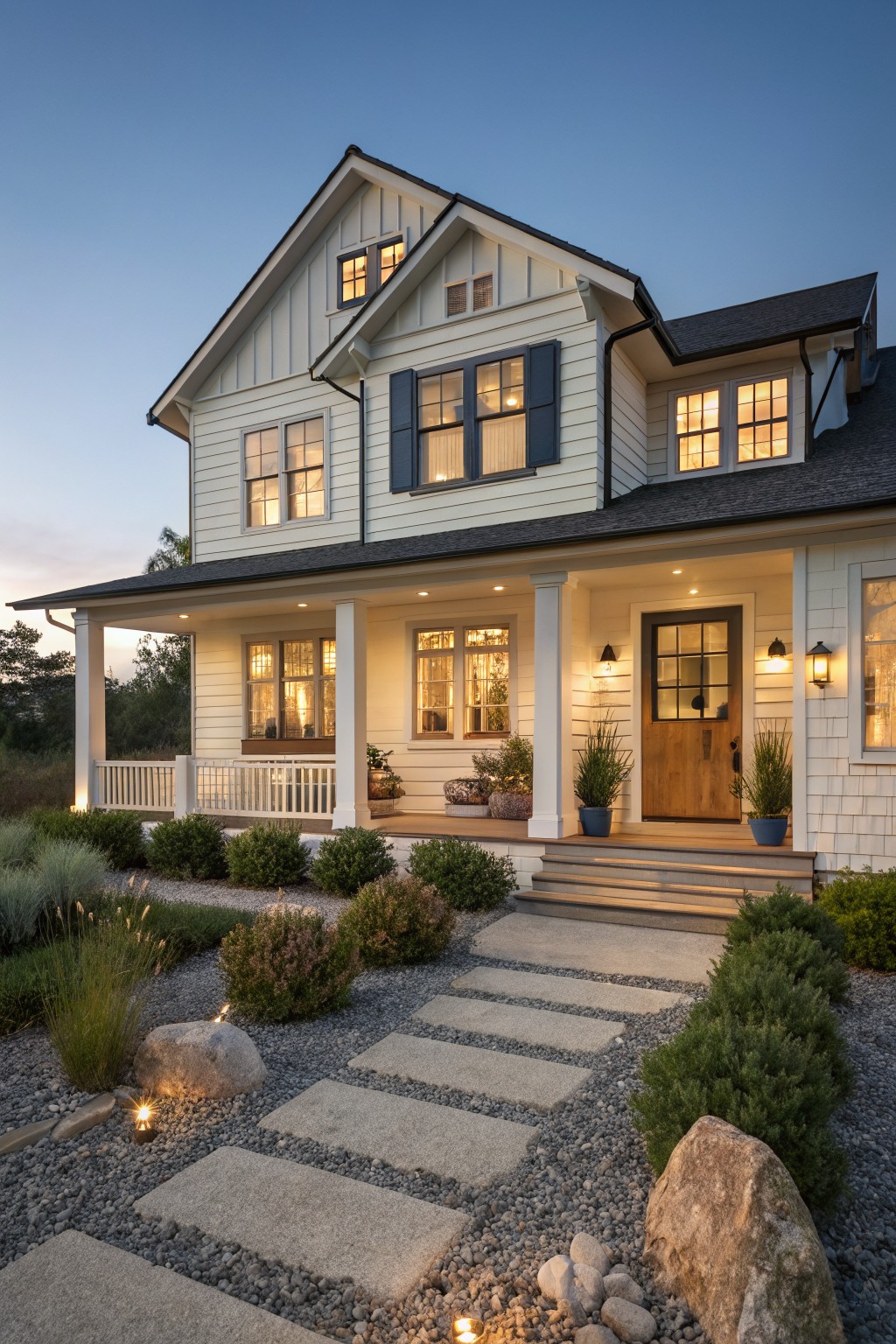 Two-story white house with lit windows, wooden door, and stone pathway at dusk.