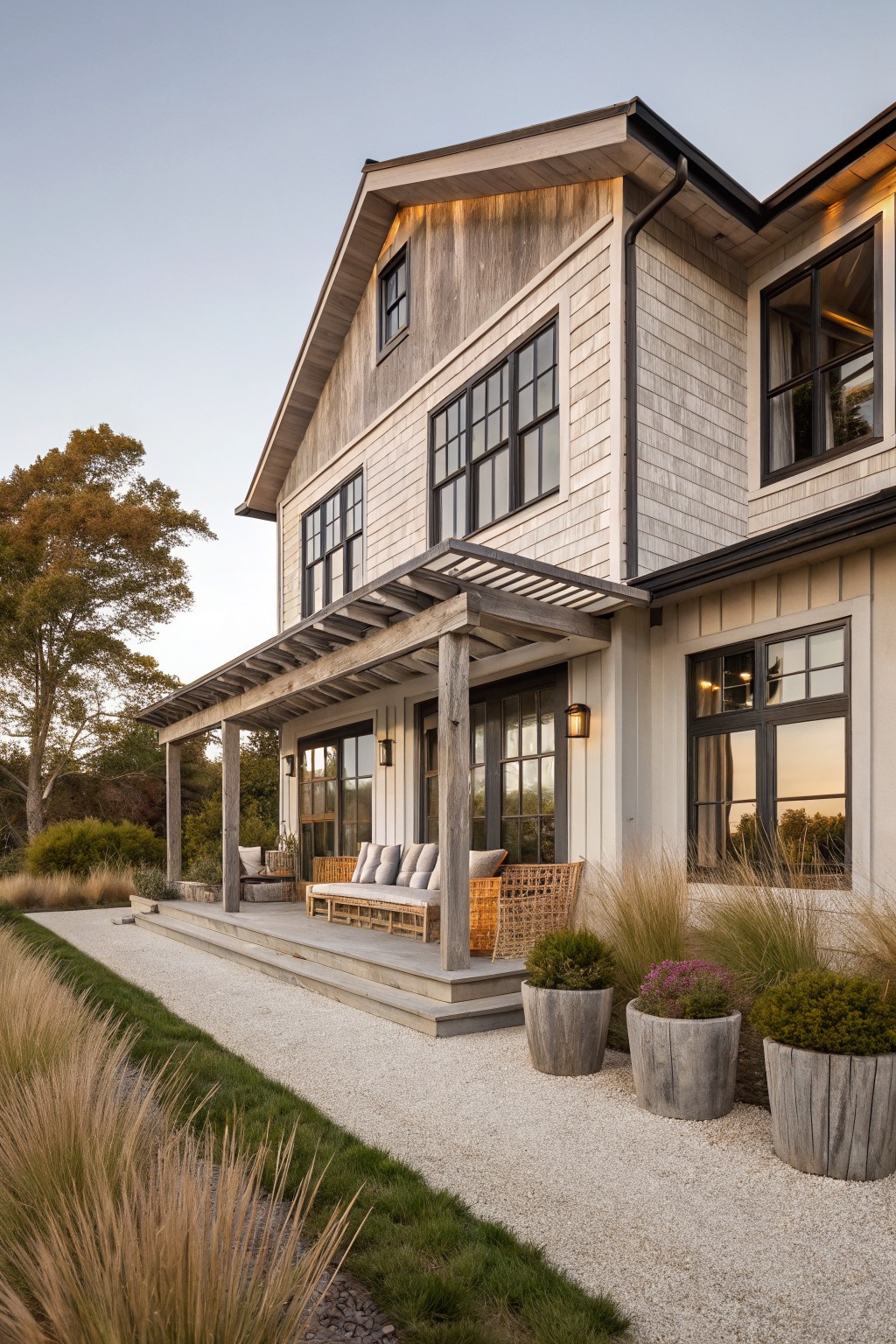 A two-story farmhouse exterior with light wood siding, black-framed windows, a covered wooden porch, and gravel landscaping with potted plants.