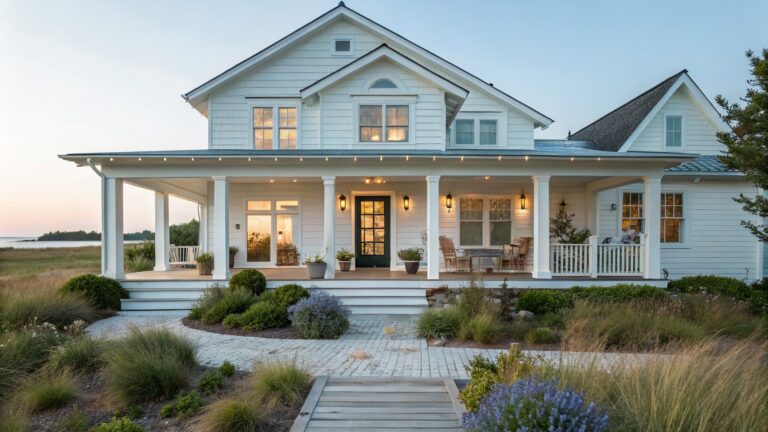 21 Beach Farmhouse Exterior Ideas for a Breezy Front View White beach farmhouse with a wide covered porch, white columns, wooden deck and steps, potted plants, and a stone path leading through tall grass toward the ocean.