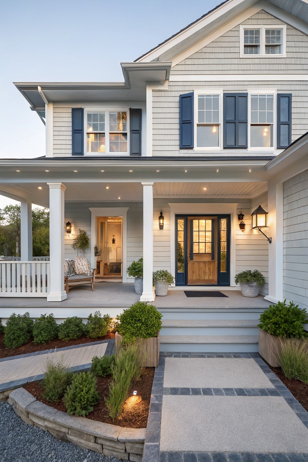 Two-story gray house with navy shutters, white porch columns, and wooden front door.