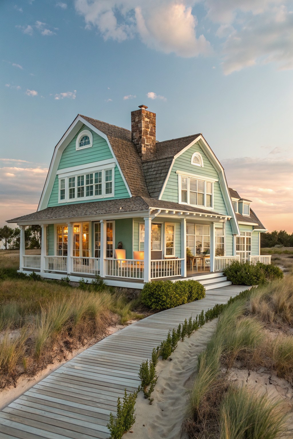 A two-story beach house with mint green siding, white trim, a stone chimney, and a front porch, connected by a wooden boardwalk through grassy dunes.