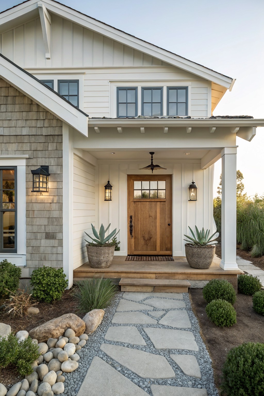 Front view of a white farmhouse exterior with a natural wood front door, covered porch supported by white columns, wall lanterns, and a stone pathway.