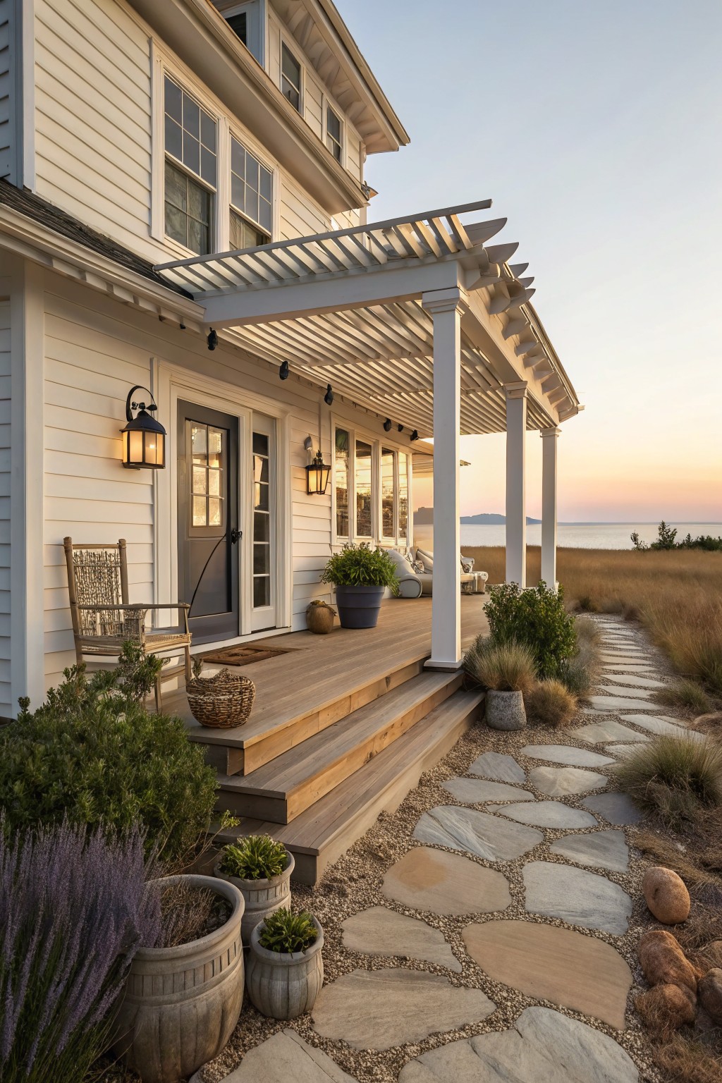White beach farmhouse with a wooden front porch covered by a white pergola, steps leading down to a stone pathway, and ocean visible in the background.