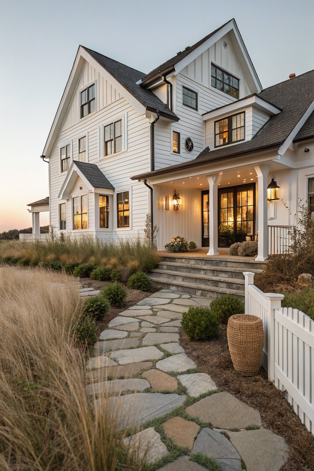 White modern farmhouse with stone path to lit porch at dusk
