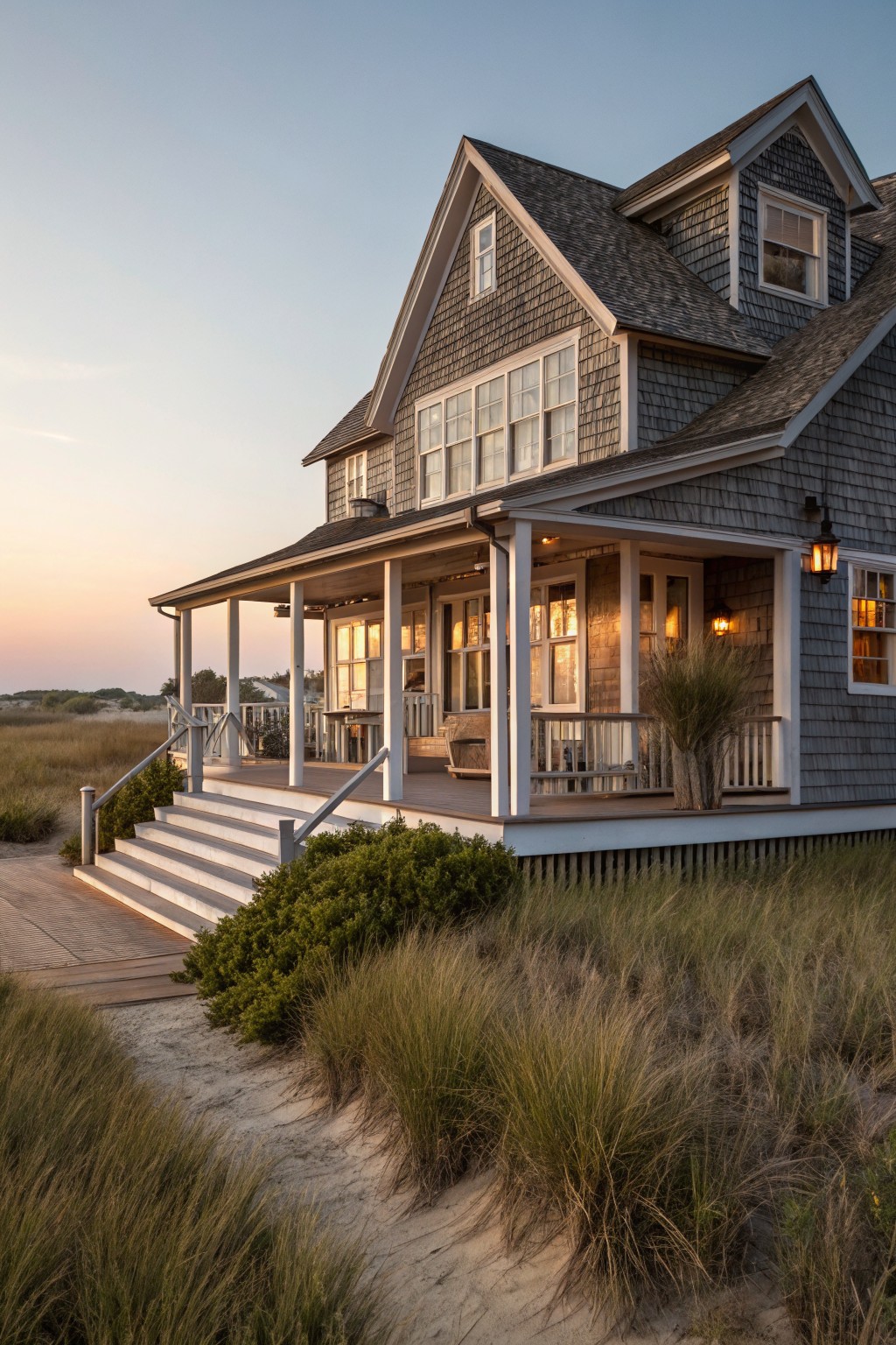 Gray-shingled beach house with porch on grassy dunes at dusk