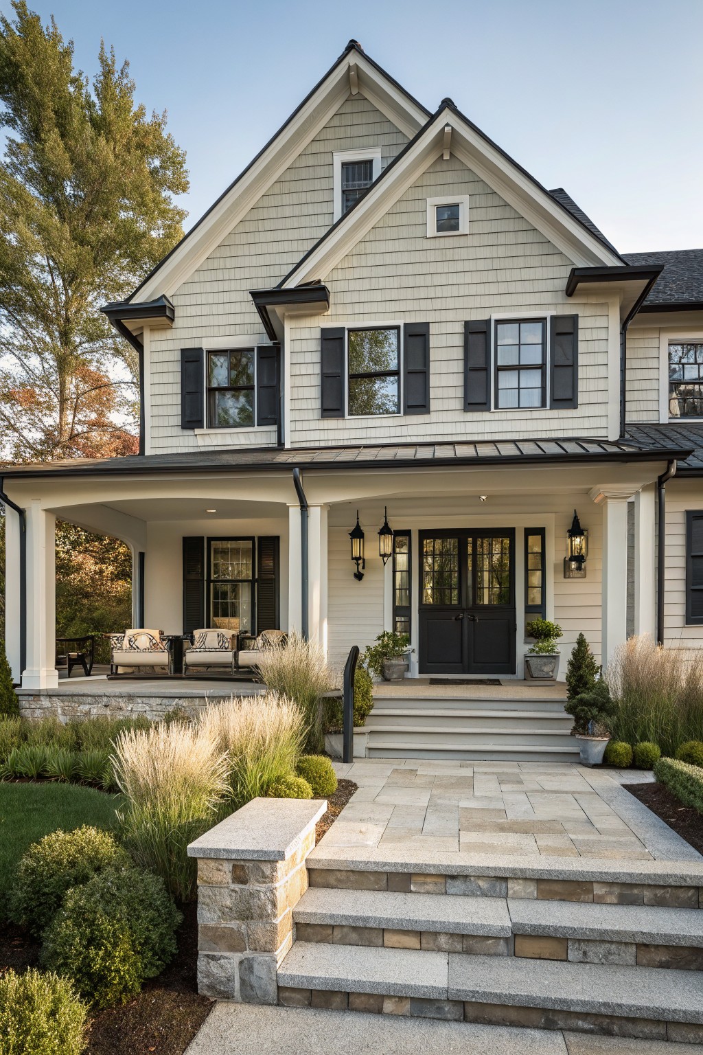 A two-story light gray farmhouse with black shutters and doors, a wide covered front porch supported by white columns, stone steps, and a stone base.