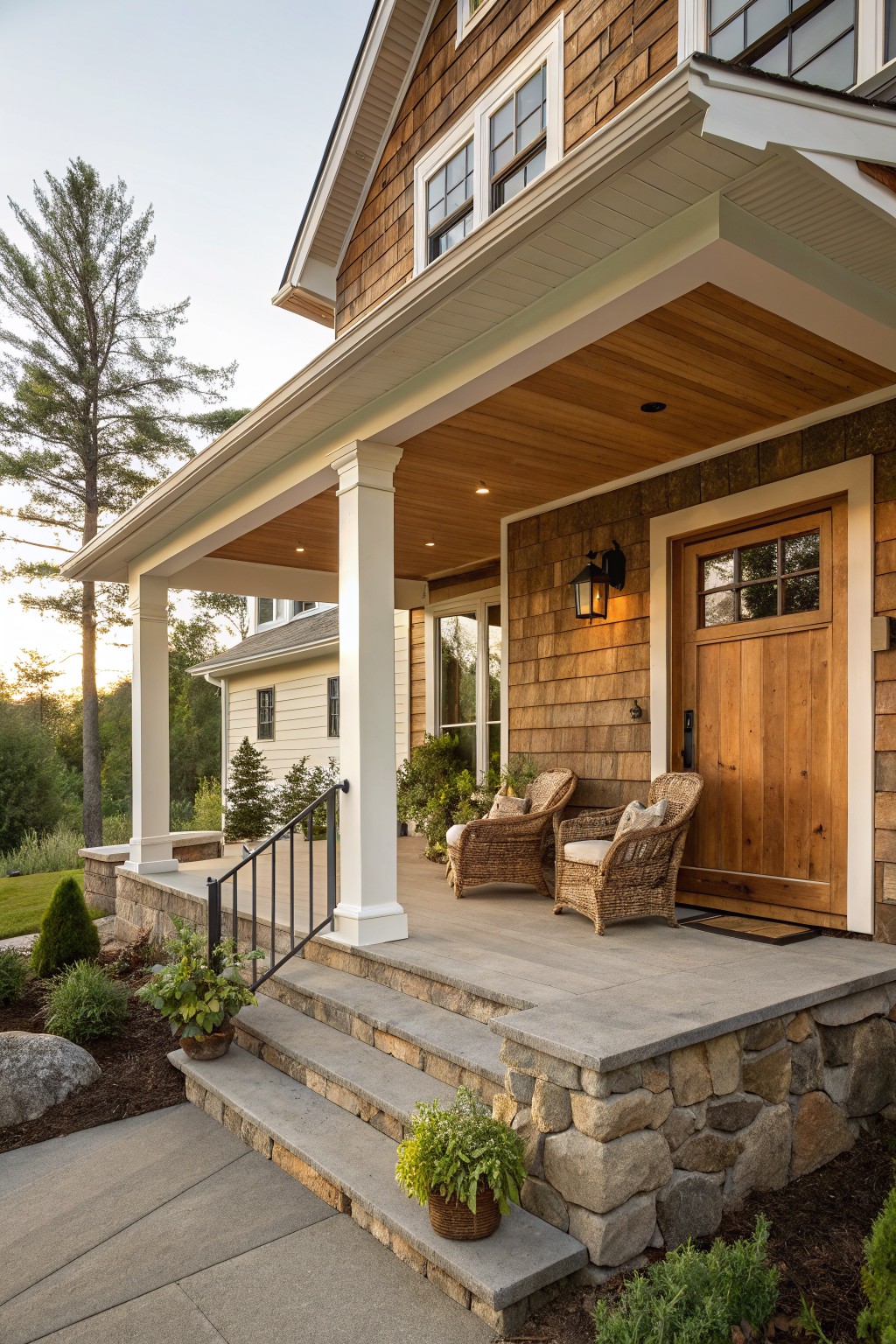 A farmhouse exterior with a large covered porch supported by white columns, wood shingle siding, a wooden front door, and stone steps leading up to the entrance.