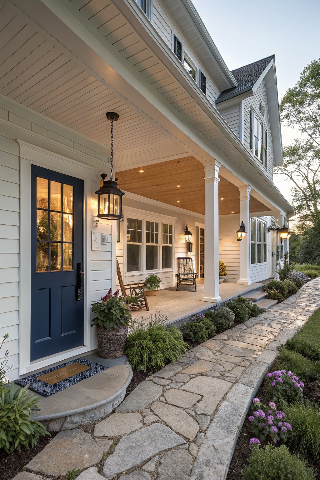 A white farmhouse exterior with a navy blue front door, white porch columns, a wooden ceiling, and a stone pathway leading to the entrance.
