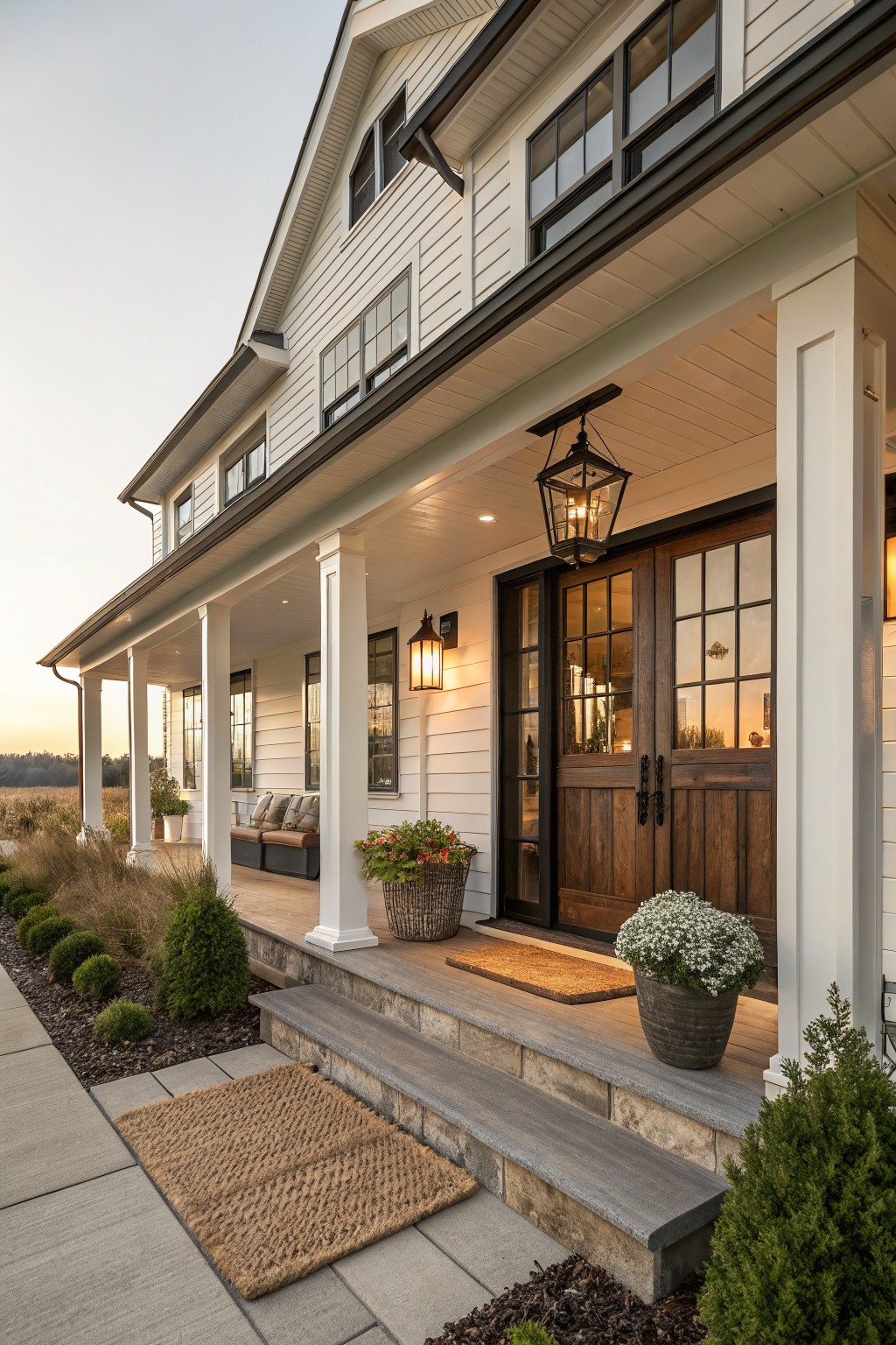 A white farmhouse exterior with a wide covered porch, tall white columns, dark wood front doors, and stone steps.