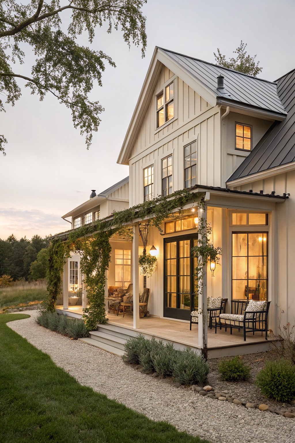 White farmhouse with vine-covered porch, lit windows, and outdoor chairs at dusk.
