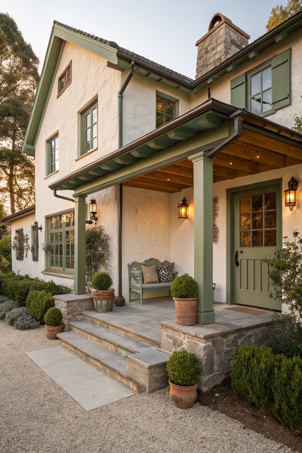 A two-story stucco house with a covered front porch supported by green columns, green shutters, and a stone chimney.