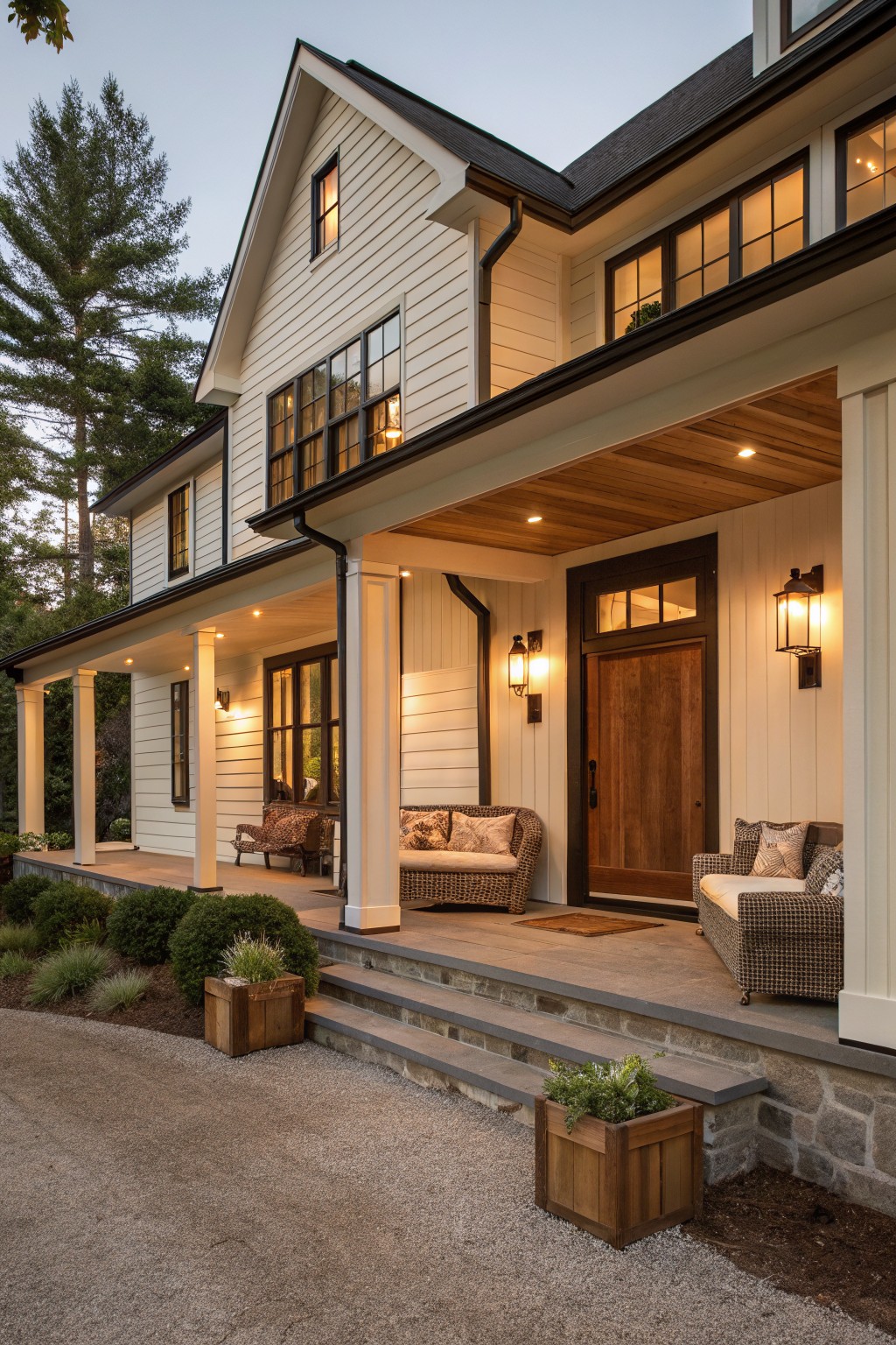 A white farmhouse exterior with a covered porch featuring a wood ceiling, dark trim, a wooden front door, and outdoor seating on the steps and porch.