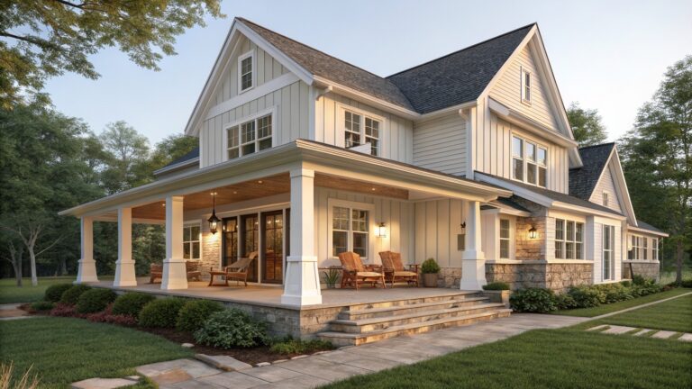 A white two-story farmhouse with a wide covered porch supported by square columns, a stone foundation, and a central set of stone steps.