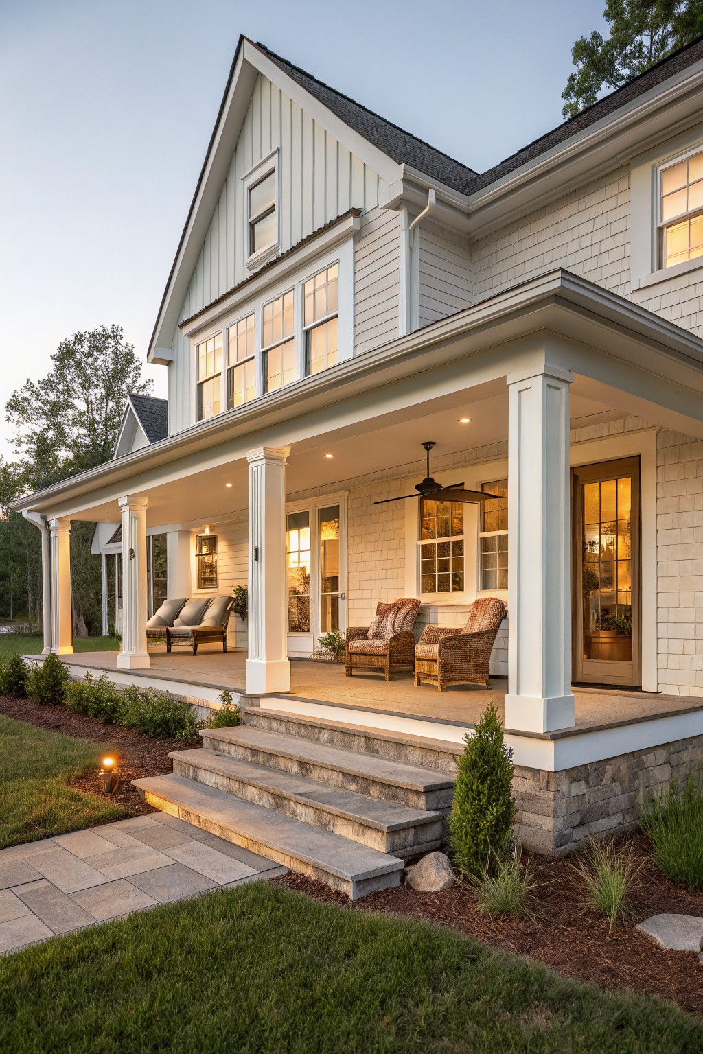 A white two-story farmhouse with a wide covered porch supported by square columns, a stone foundation, and a central set of stone steps.