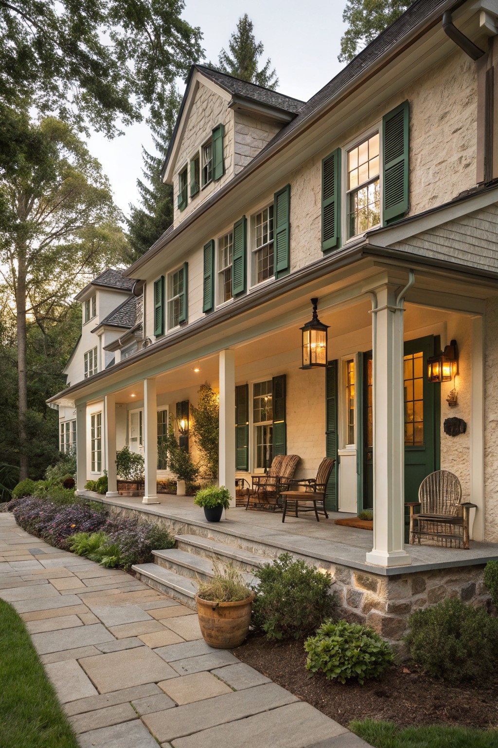 A two-story stone and siding farmhouse with a wide covered porch, green shutters, green front door, and multiple rocking chairs on the porch.