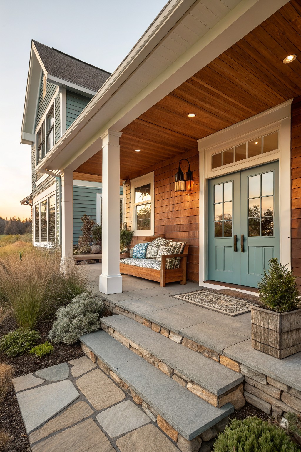 A farmhouse front porch with a wooden ceiling, white columns, a teal double door, a wooden bench with cushions, and stone steps.