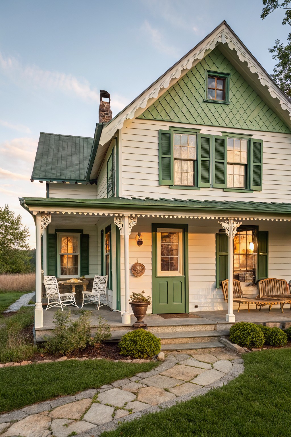 Charming white Victorian house with green trim, porch, and stone pathway.