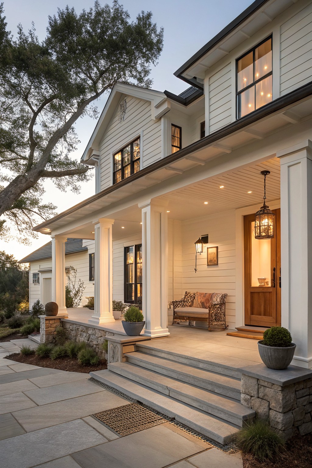 A white two-story farmhouse with a wide covered porch, white columns resting on a stone base, concrete steps, and a wooden front door.