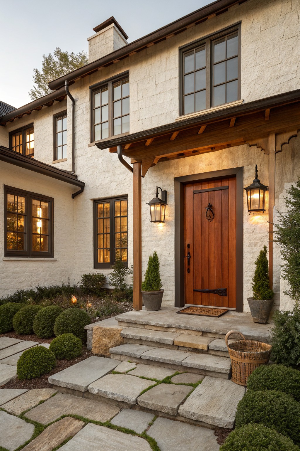 A light stone house exterior featuring a wooden front door under a covered porch, stone steps, multiple grid windows, and potted shrubs along the walkway.