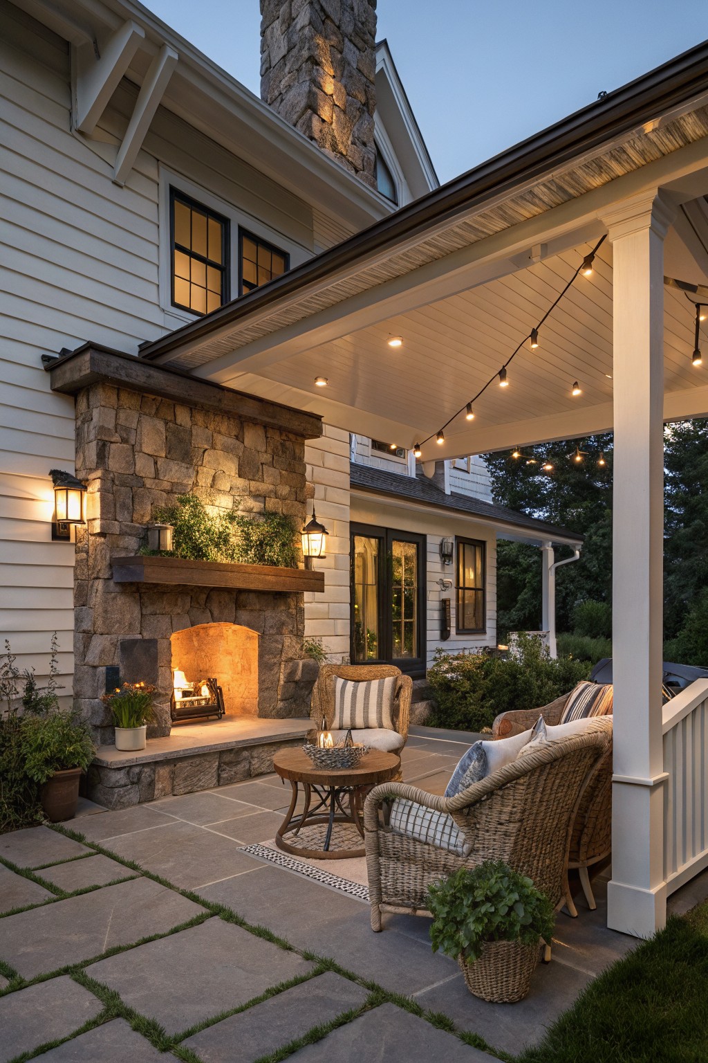 A covered farmhouse porch with a large stone fireplace, wicker seating, and string lights at dusk.