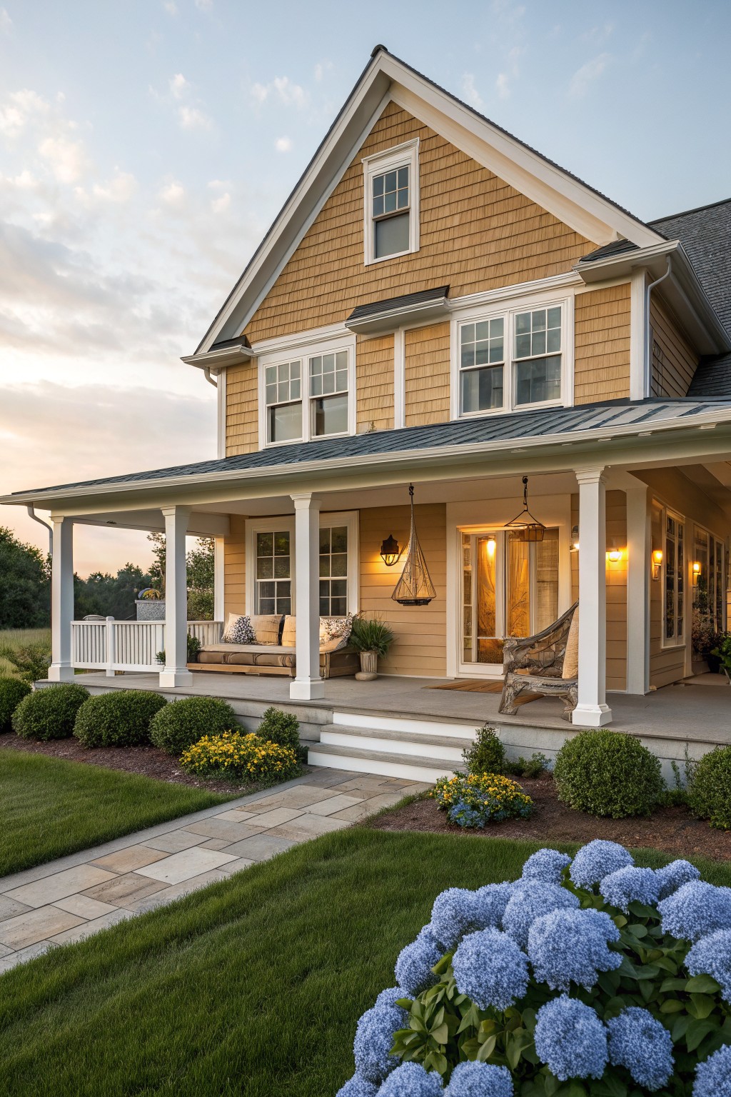 A yellow shingled farmhouse with a wide covered porch supported by white columns, steps leading to a stone path, and blue hydrangeas in the foreground.