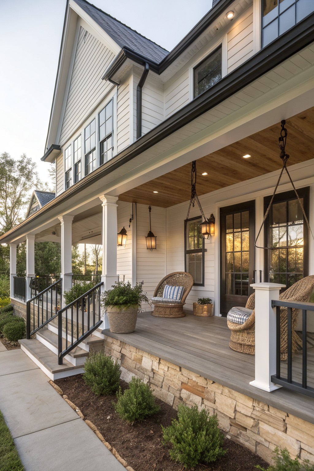 White house porch with wicker chairs, wooden ceiling, and stone foundation
