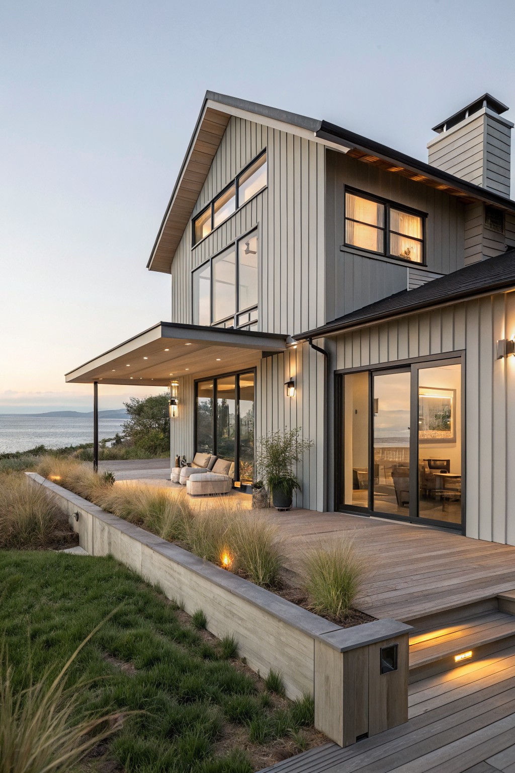 A two-story coastal house with light gray board and batten siding, large windows, a covered deck, and a wooden platform overlooking the water.