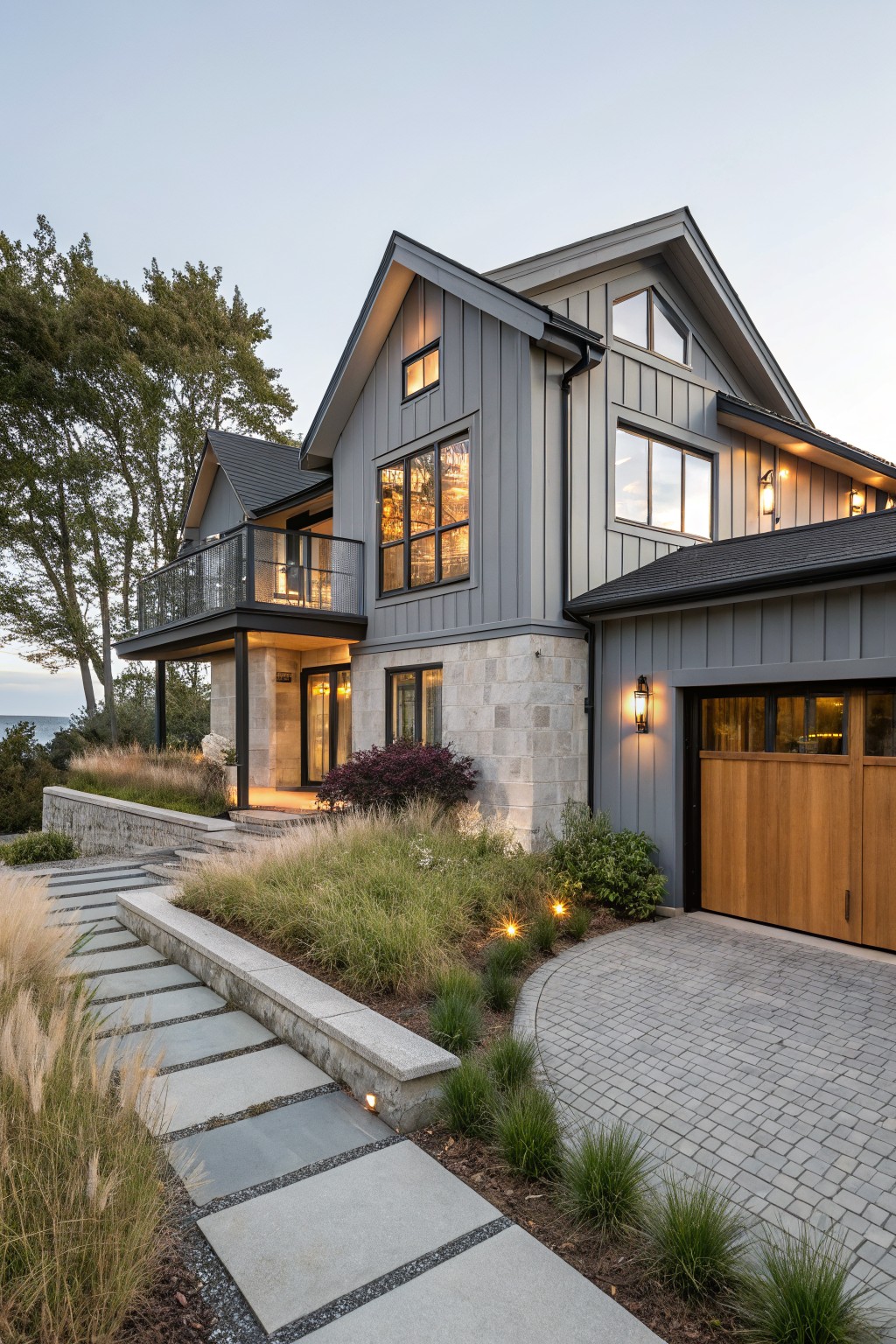 A two-story house with gray board and batten siding, a stone foundation, a wooden garage door, and a paved driveway with landscaping.