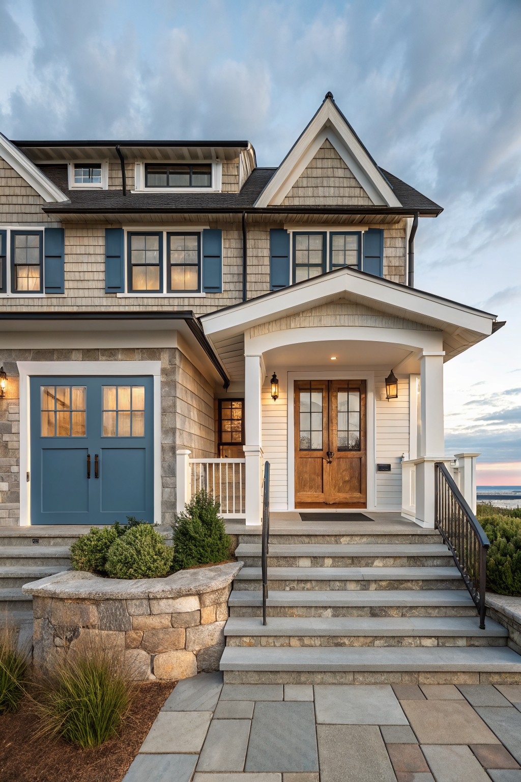A two-story coastal home with cedar shingle siding on the upper level, white trim, blue shutters, a stone base, and a wooden front door.
