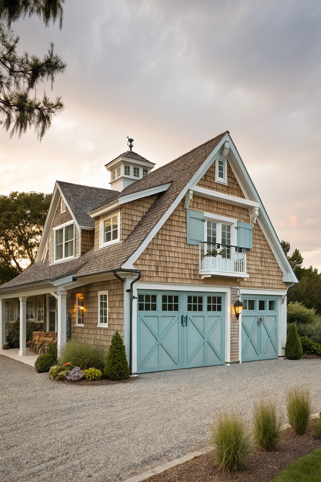 A coastal-style house with cedar shingle siding, white trim, light blue garage doors, and a small cupola.