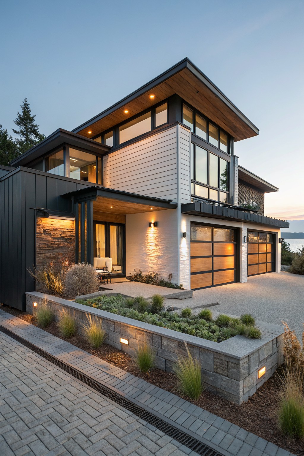 A modern two-story coastal house with white horizontal siding on the upper level, dark vertical siding on the left wing, wood garage doors, and a stone base with landscaping in the foreground.