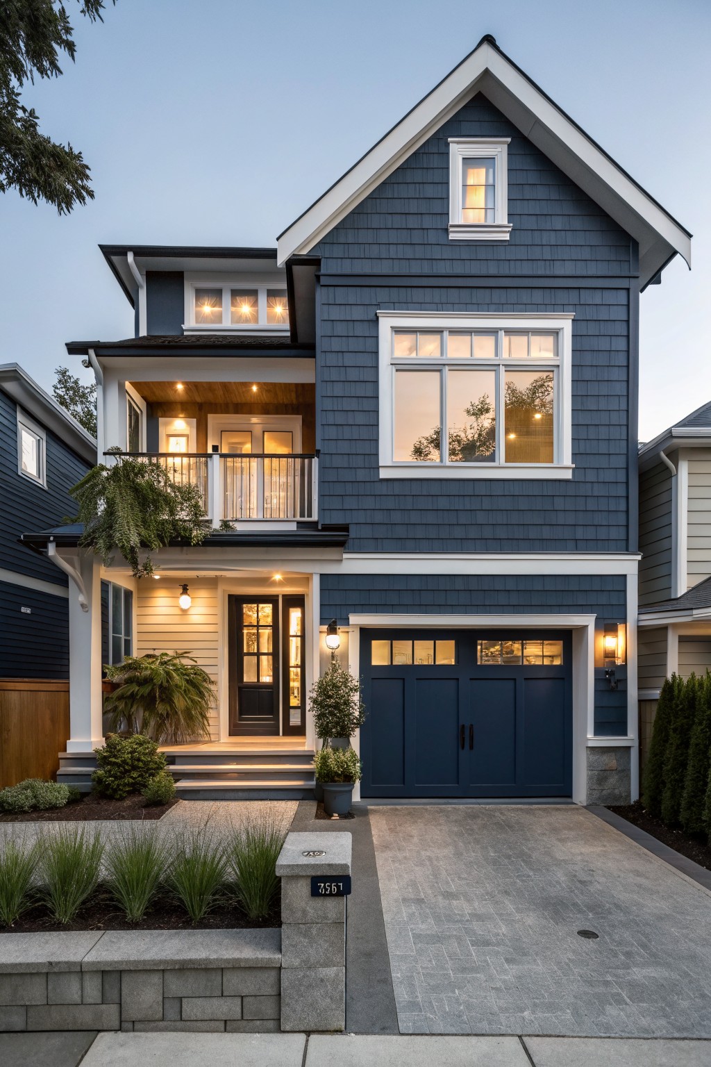 A two-story coastal house with dark blue shingle siding, white trim around windows and edges, a dark blue garage door, and a concrete driveway.