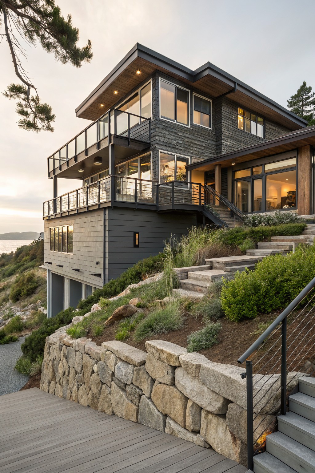 A modern coastal house with dark gray horizontal siding, wood trim accents, and multiple levels of windows and decks built into a hillside.