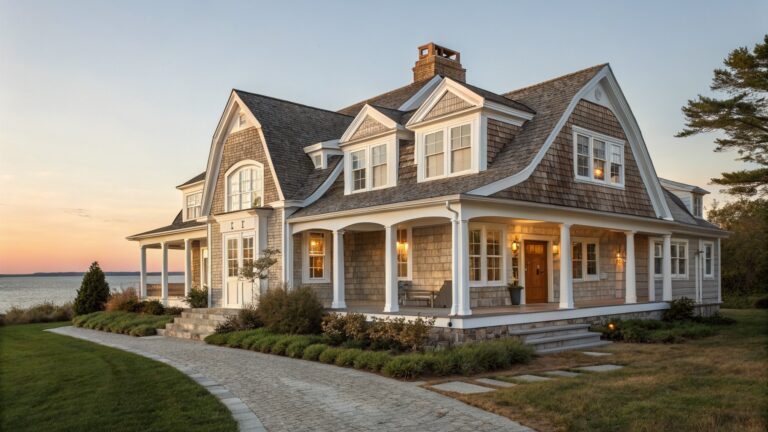 A coastal house exterior showing shingle siding on the gables above stone veneer on the porch walls, with white trim and a wooden front door.