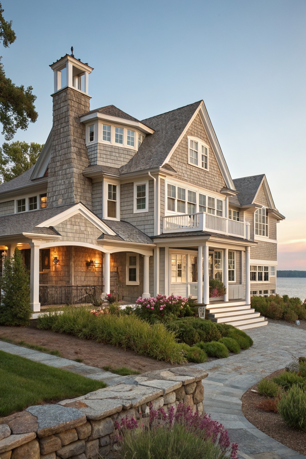 A large multi-story coastal house with gray shingle siding, white trim, a stone chimney, and a front porch overlooking the water.