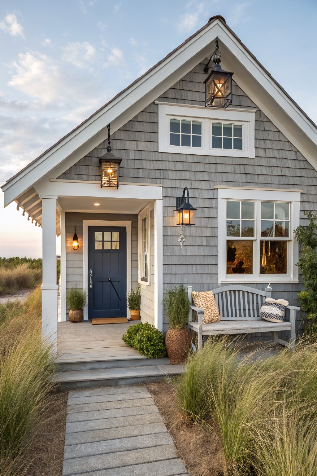 A gray shingled house with white trim, a navy front door, lanterns, and a bench on the porch.