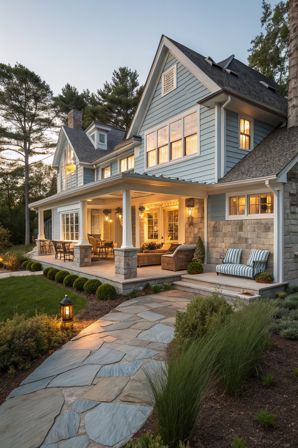A two-story house with light blue horizontal siding, stone veneer on the lower walls and porch columns, white trim, multiple gables, and a covered front porch with seating.