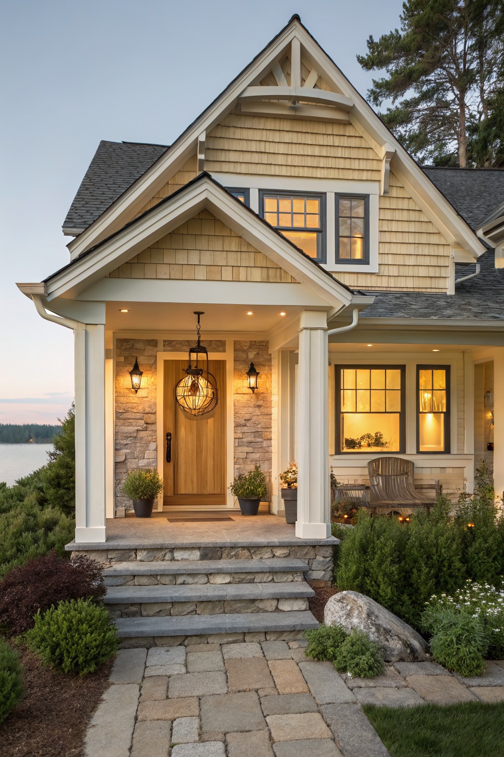 Charming yellow house with stone porch, lit windows, and landscaped stone steps at dusk.