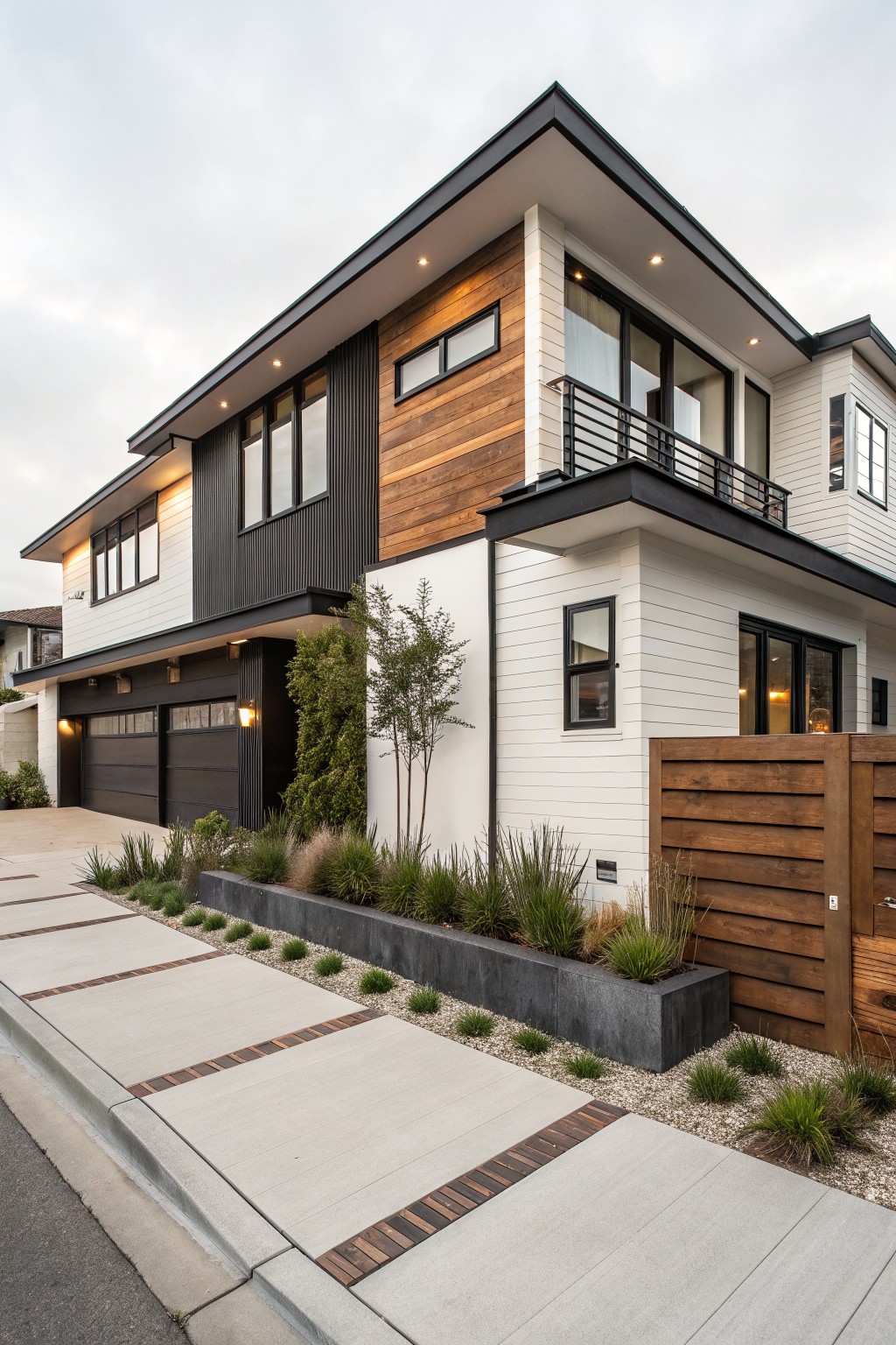 Modern two-story house with white siding, wood accents, balcony and driveway