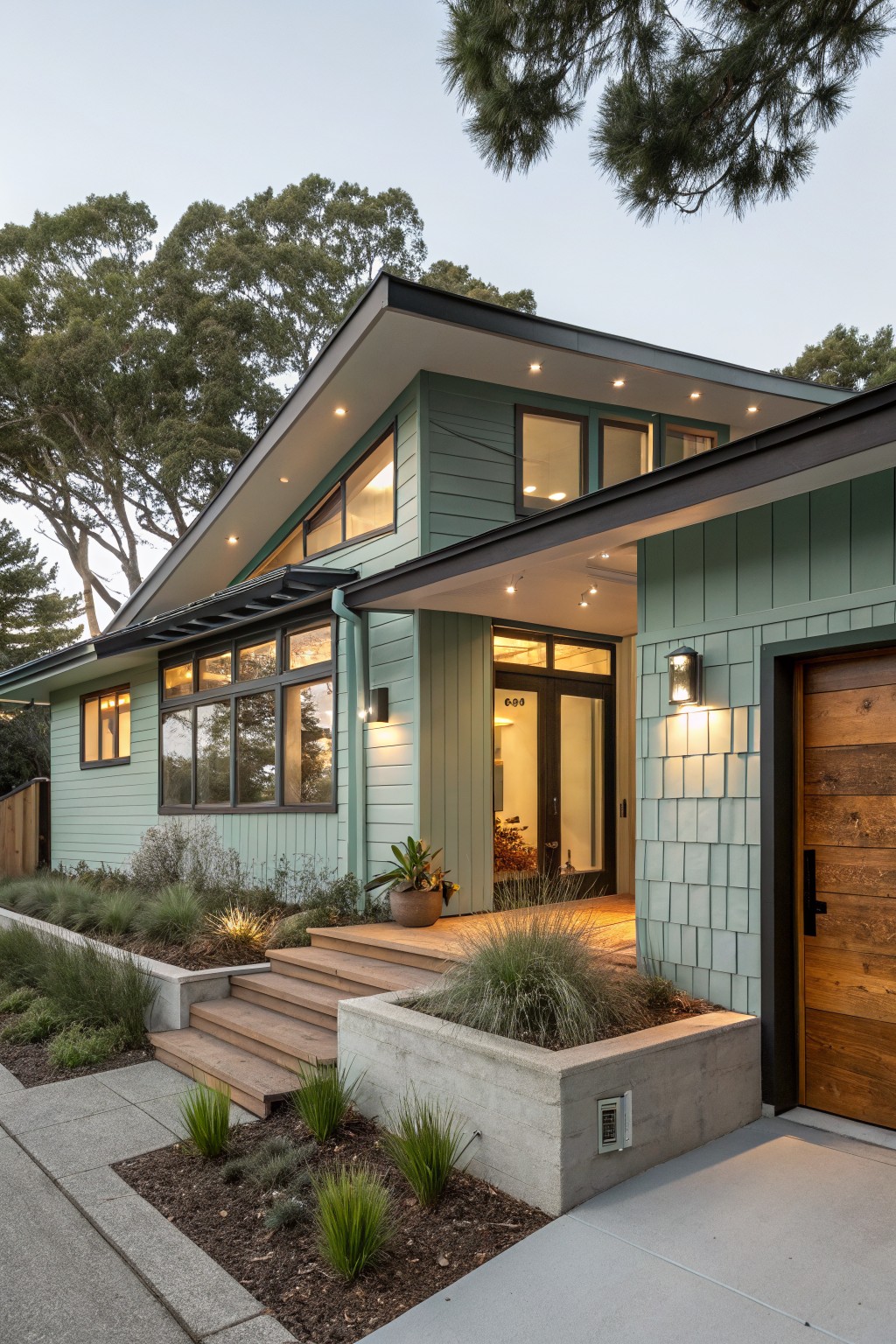 A coastal house exterior with light green horizontal siding on most walls and light green shingles on the right side near the entry, dark trim, wood door, and concrete steps with landscaping.