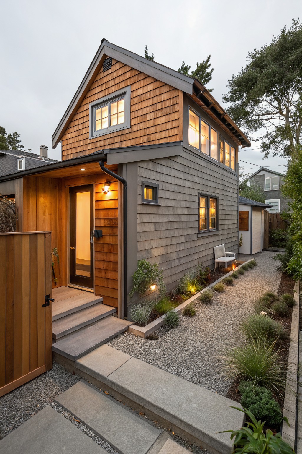 A two-story house with cedar shingles on the upper level and gray board and batten siding below, shown from the front with a wooden entry door and gravel side path.