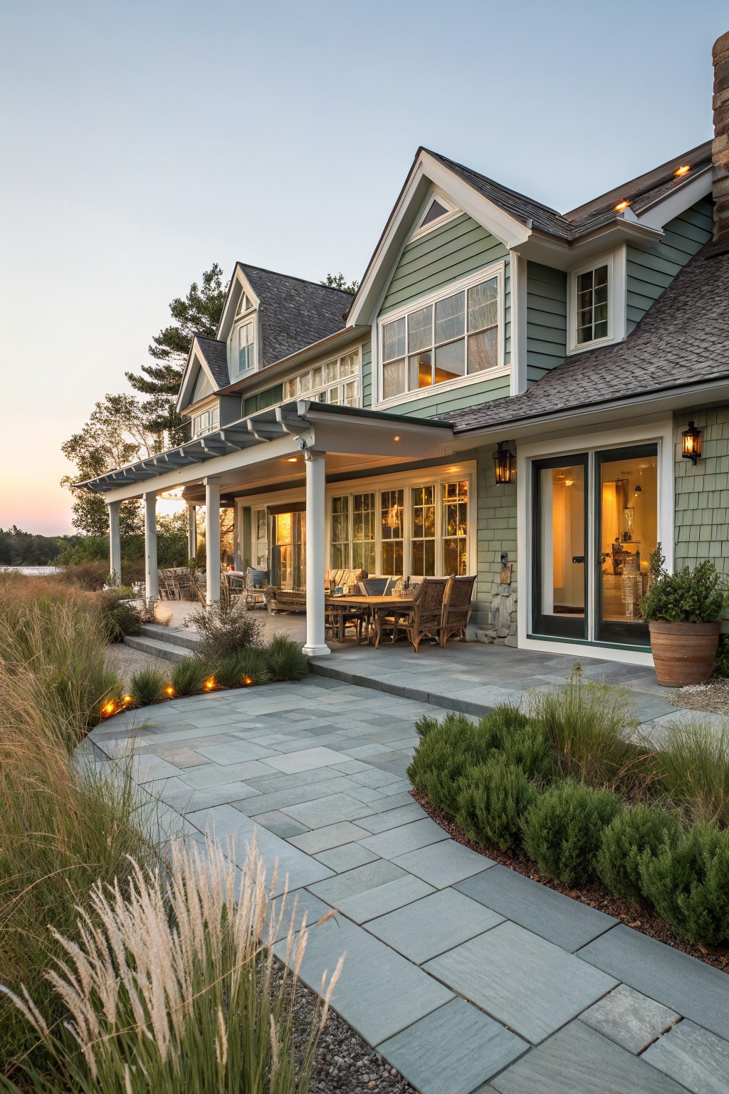 A two-story coastal house with light green painted shingle siding, white trim around windows and gables, and a covered porch with stone steps leading to a patio.