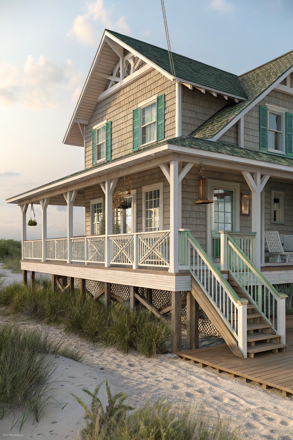Gray beach house with green shutters and porch on sandy dunes.