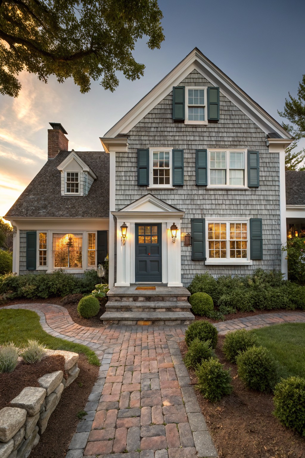 A two-story house with gray shingle siding, white trim, dark green shutters, and a brick walkway leading to the front door.