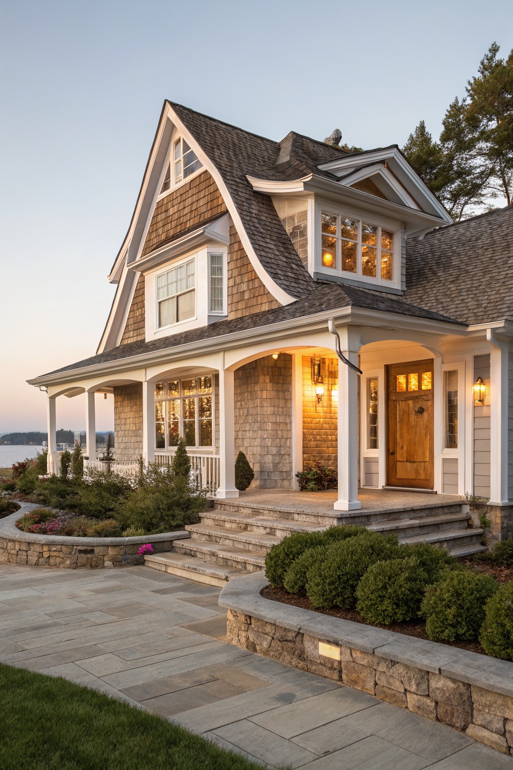 A coastal house exterior showing shingle siding on the gables above stone veneer on the porch walls, with white trim and a wooden front door.