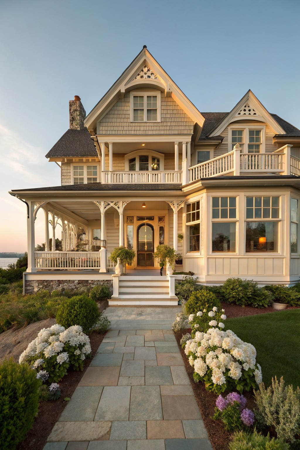 Elegant Victorian house with wrap-around porch and flower-lined stone walkway at dusk