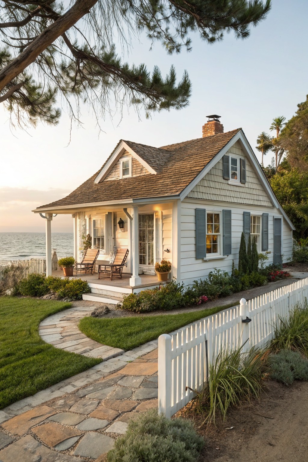 Quaint white beach cottage with porch, chairs, stone path, ocean view at sunset