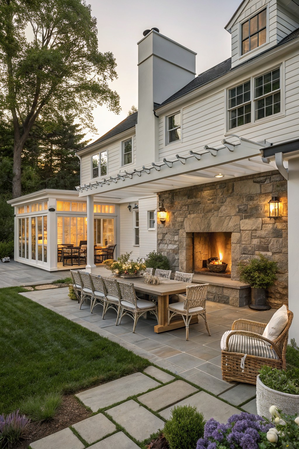 Luxurious stone patio with wooden dining table, wicker chairs, and glowing fireplace beside white house.