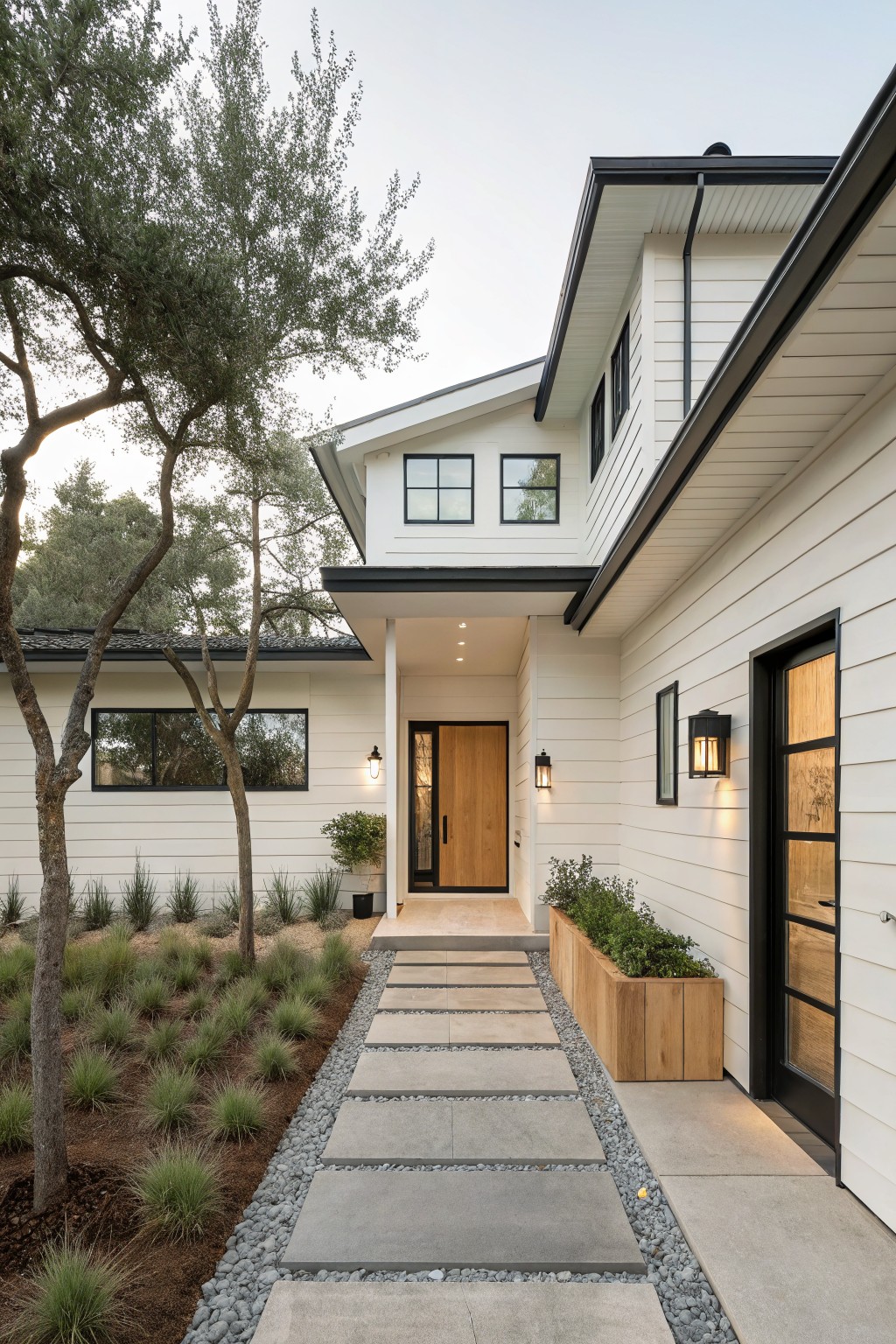 Front view of a white farmhouse exterior with black trim, a wood front door, and a concrete path bordered by gravel.