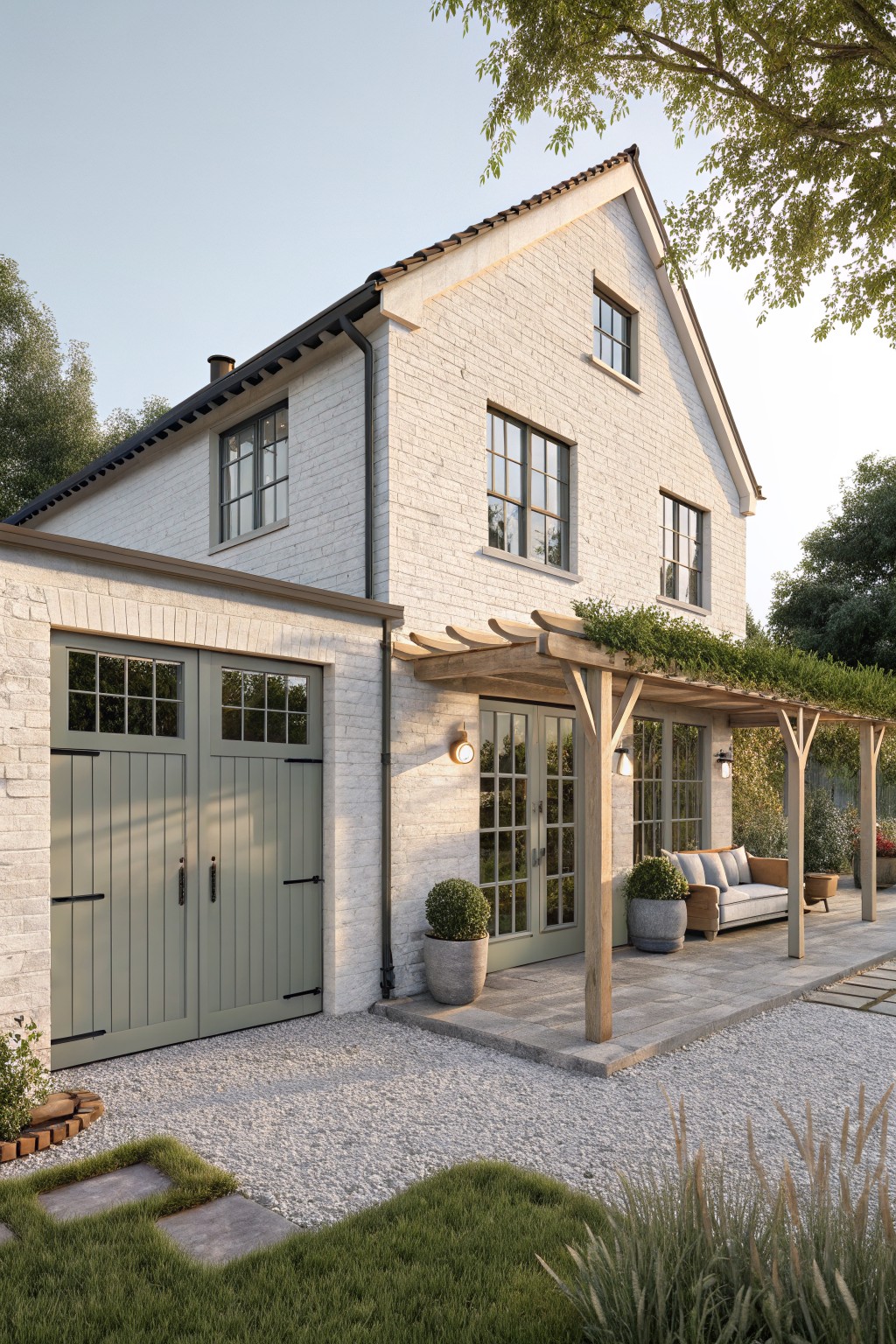 A two-story white brick house with sage green double garage doors, matching window frames, and a wooden pergola extending over a stone patio.